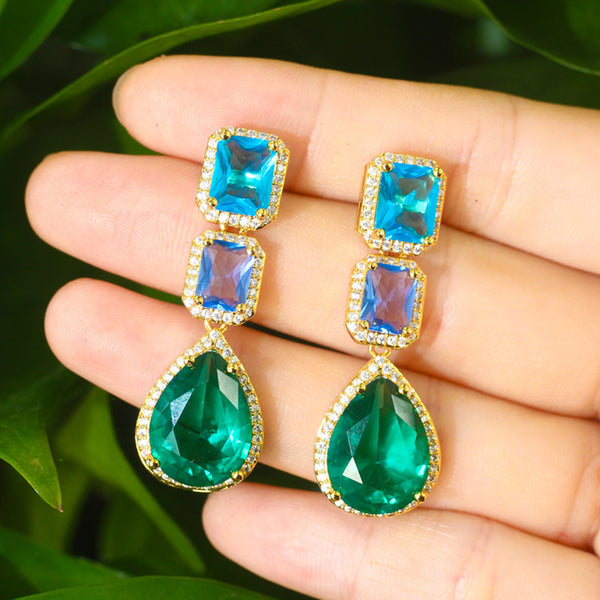 Light Blue Green Cubic Zirconia Princess Cut Dangle Tear Drop Earrings
