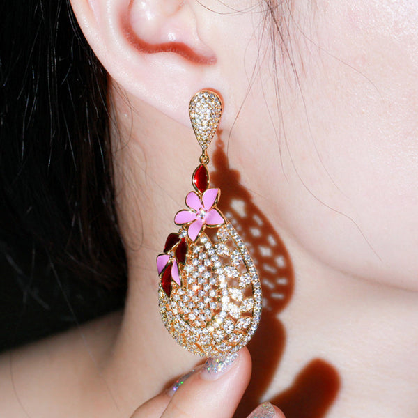 Luxury Big Pink Red Enamel Flower Drop CZ Zircon Gorgeous  Dangle Earrings
