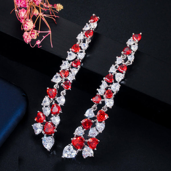 Gorgeous Red Heart CZ Crystal Long Hanging Drop Earrings