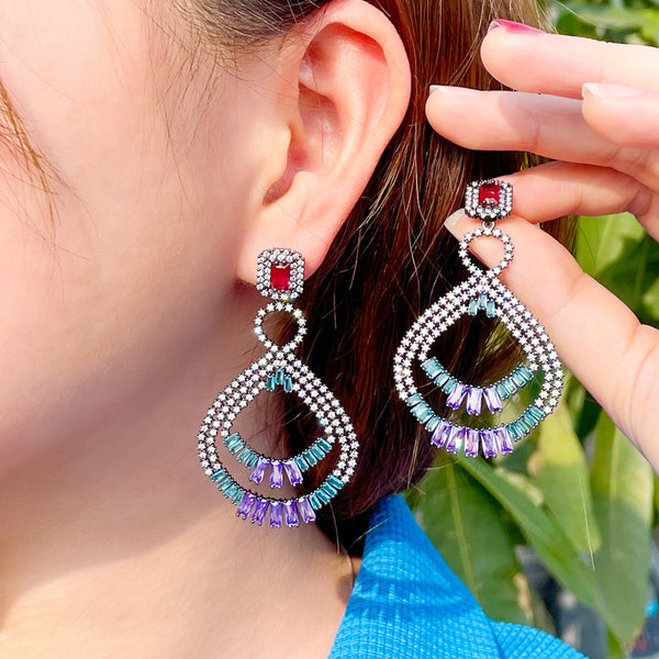 Purple Blue CZ Crystal Black Gun Plated Long Hollow Drop Earrings
