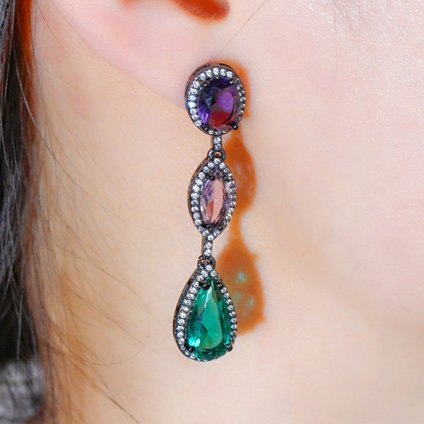 Pink Blue Round Cubic Zirconia Black Gold Long Water Drop Dangle Earrings