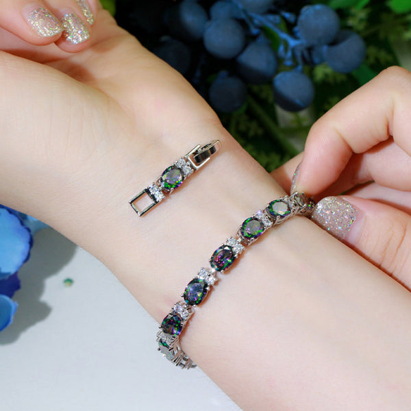 Trendy MultiColored Jewelry Big Oval Mystic Rainbow CZ Crystal  Link Chain Bangle Bracelet