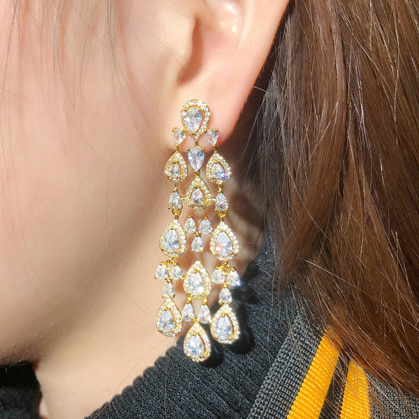 African Cubic Zirconia Yellow Gold Long Dangle Chandelier Drop Earrings