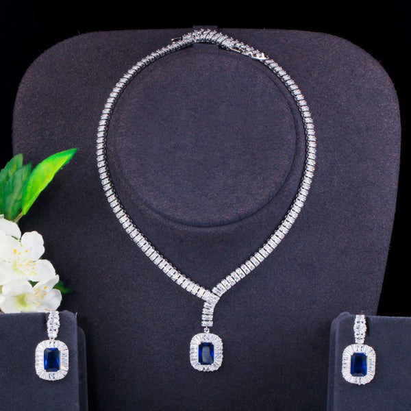 Conjunto de joyería para novia, collar y pendientes con circonita cúbica azul real, grande, cuadrado, para boda