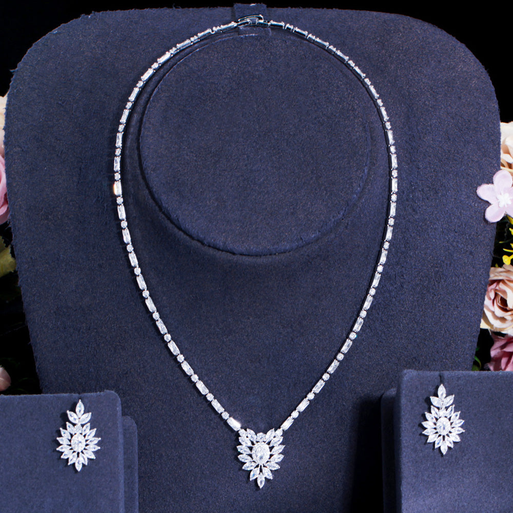 Shiny Cubic Zirconia Silver Color Flower Pendant Necklace Earrings