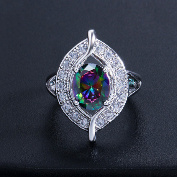 Anillos de dedo para mujer con circonita cúbica ovalada mística grande y brillante de arcoíris.
