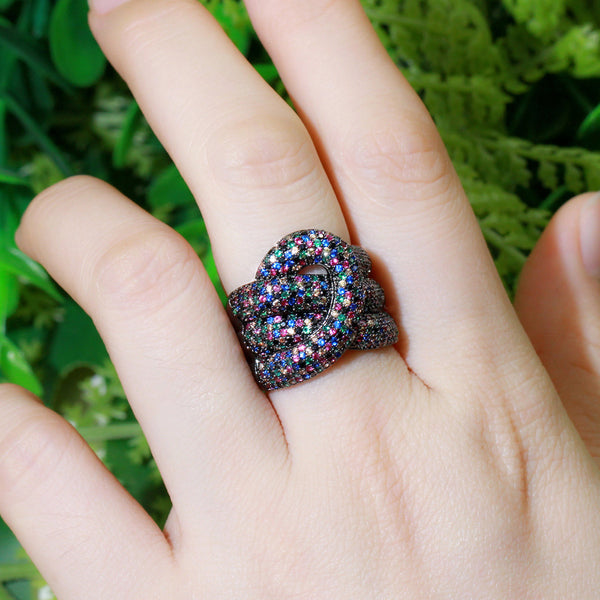 Anillos de dedo ajustables con circonitas cúbicas multicolores, oro negro y geometría grande, redondos
