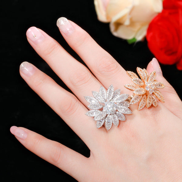 Anillos grandes de oro para boda, compromiso y fiesta con forma de flor geométrica 3D