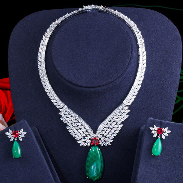 Conjunto de collar y pendientes largos vintage de cristal CZ rojo y verde oscuro para boda