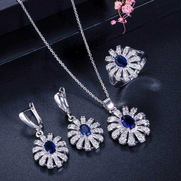 Conjunto de collar, pendientes y anillo con colgante redondo grande de circonita cúbica azul real