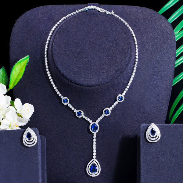 Collar y pendiente largos con colgante de circonita cúbica en forma de gota de agua azul real