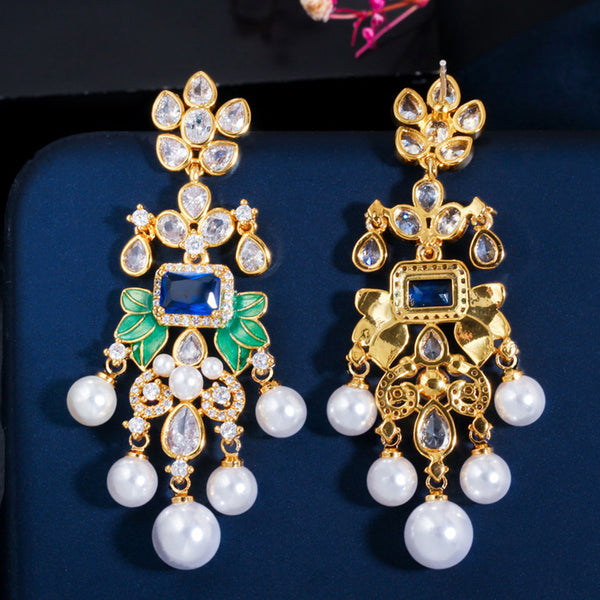 Pendientes largos de oro de 18 quilates con circonita cúbica natural y flor de perla bohemia