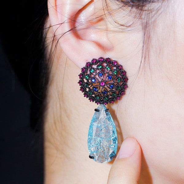 Pendientes colgantes con forma de lágrima de zafiro azul claro, grandes, coloridos y redondos con flores y restos largos