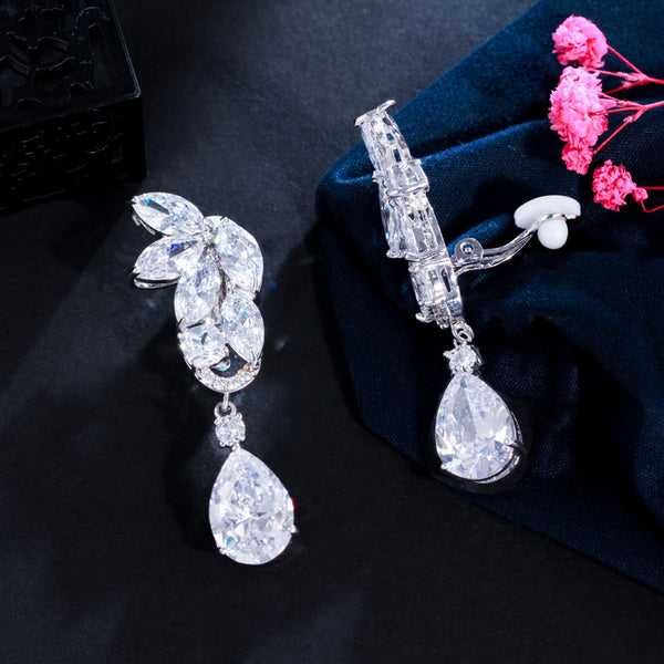 Pendientes largos de gota de agua con circonita cúbica en forma de marquesa, sin perforar, con clip