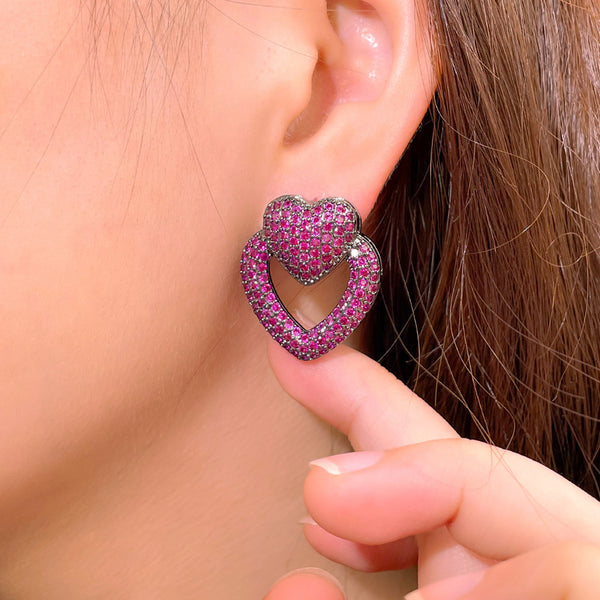 Pendientes de botón con forma de corazón y circonita cúbica roja y blanca con engaste pavé para mujer para fiesta de compromiso
