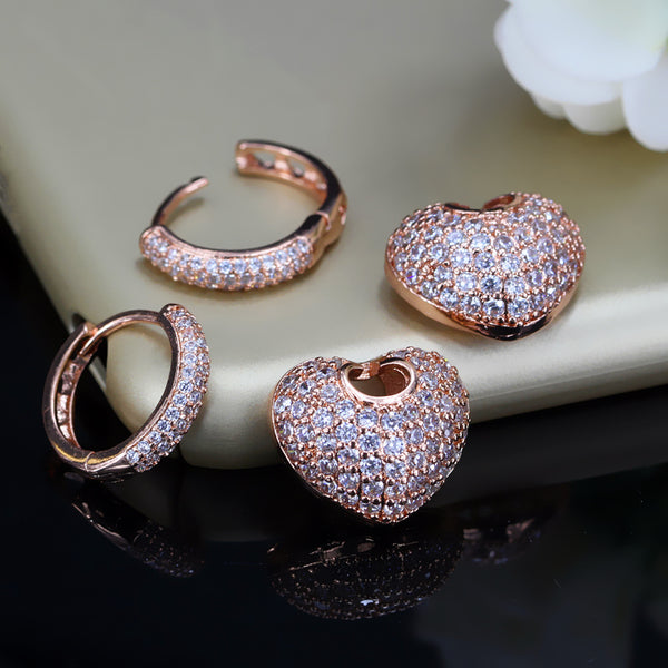 Pendientes grandes en forma de corazón con circonitas cúbicas pavimentadas en color oro rosa