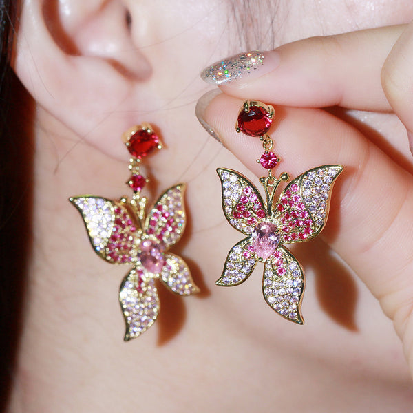 Pendientes colgantes de mariposa con zafiro rosa grande y circonita roja en plata 925