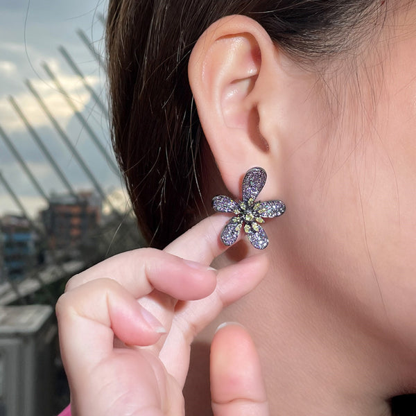 Pretty Big Flower Shape Charm Black Gold Dinner Party Jewelry Stud Earring