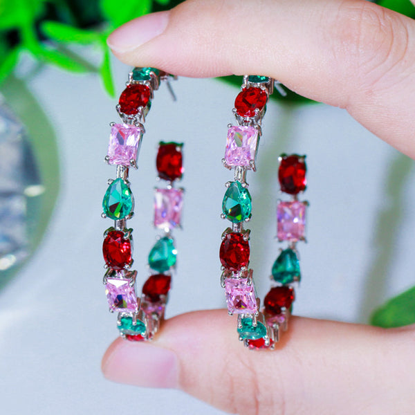 Colorful Oval CZ Crystal Trendy Big Silver Color Half Round Hoop Earring