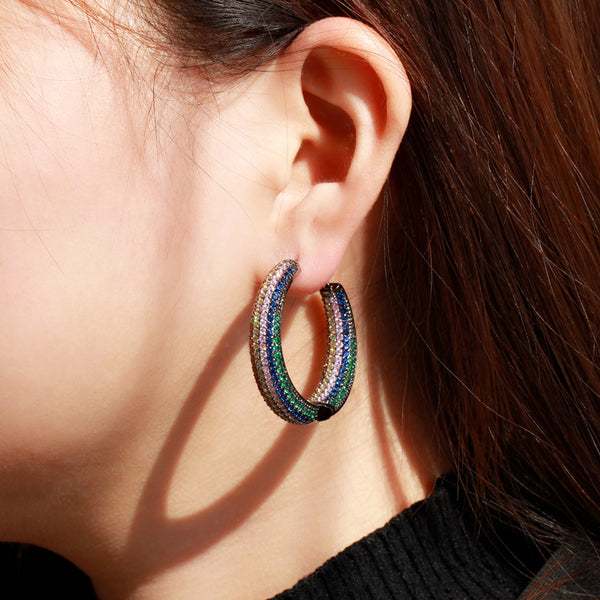 Micro Multicolor CZ Stone Paved Gold Color Big Circle Hoop Earrings
