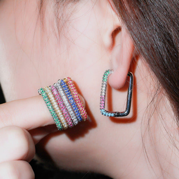 Pendientes de aro grandes estilo bohemio para fiesta, con forma rectangular clásica, circonita cúbica arcoíris, color dorado