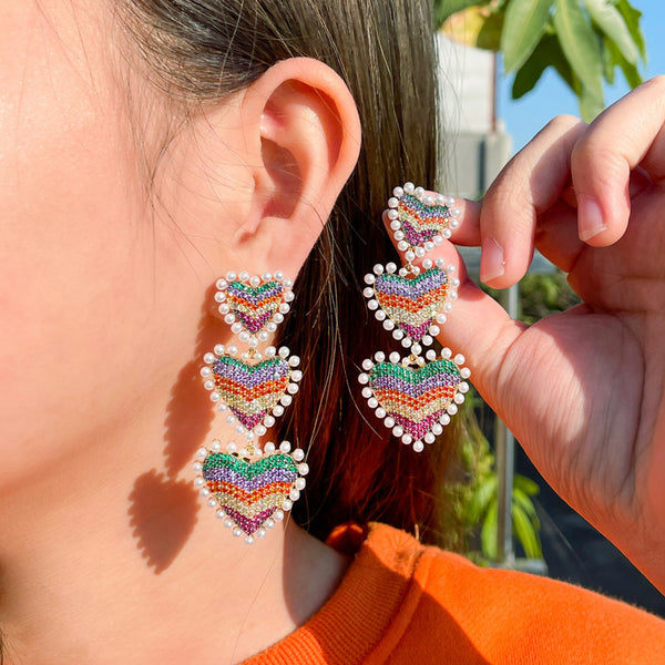 Unrivaled Colorful Love Heart Design Cubic Zirconia Chic Pearl Surround Long Drop Earrings