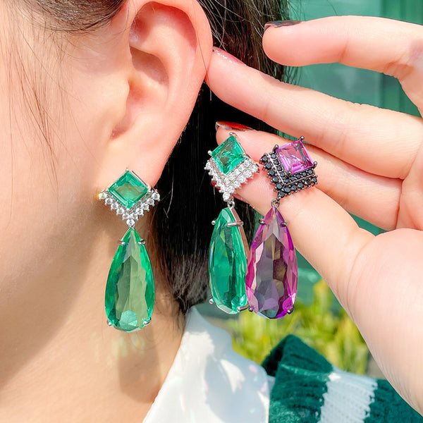 Pendiente largo con forma de pera grande para mujer, de lujo, con cristales de circonita cúbica verde, para banquetes y fiestas