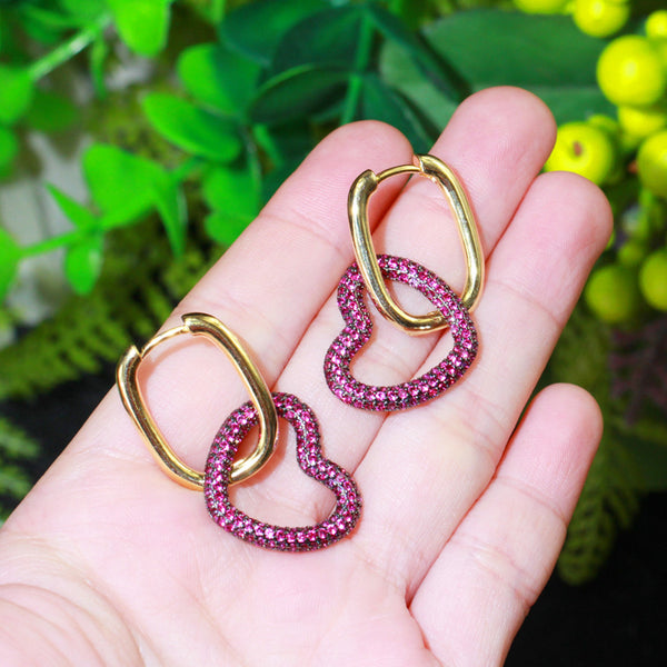 Pendientes colgantes con forma de corazón y estrella de circonita rosa