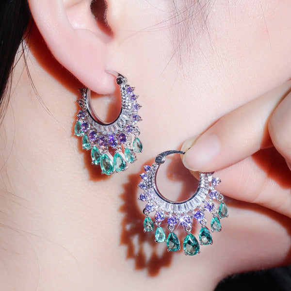 Pendientes colgantes con borlas grandes y redondos de cristal de circonita cúbica azul y púrpura de moda