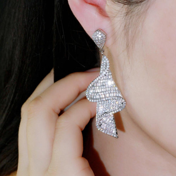 Luxury Baguette Cubic Zirconia Pave Indian Gold Long Geometry Dangle Drop Earrings