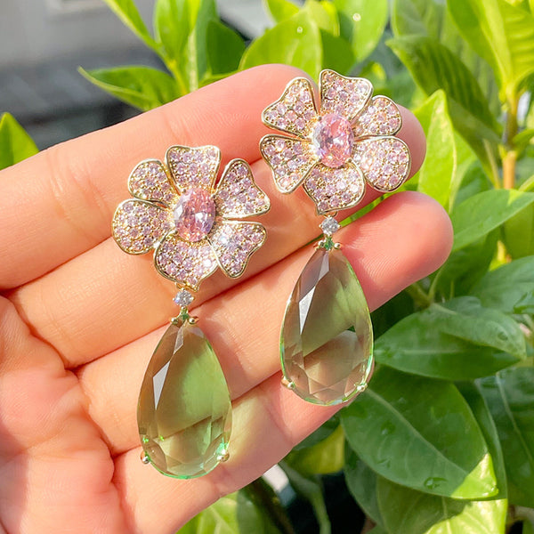 Pendientes colgantes vintage con forma de lágrima verde y cristal, largos, con flor de circonita rosa grande