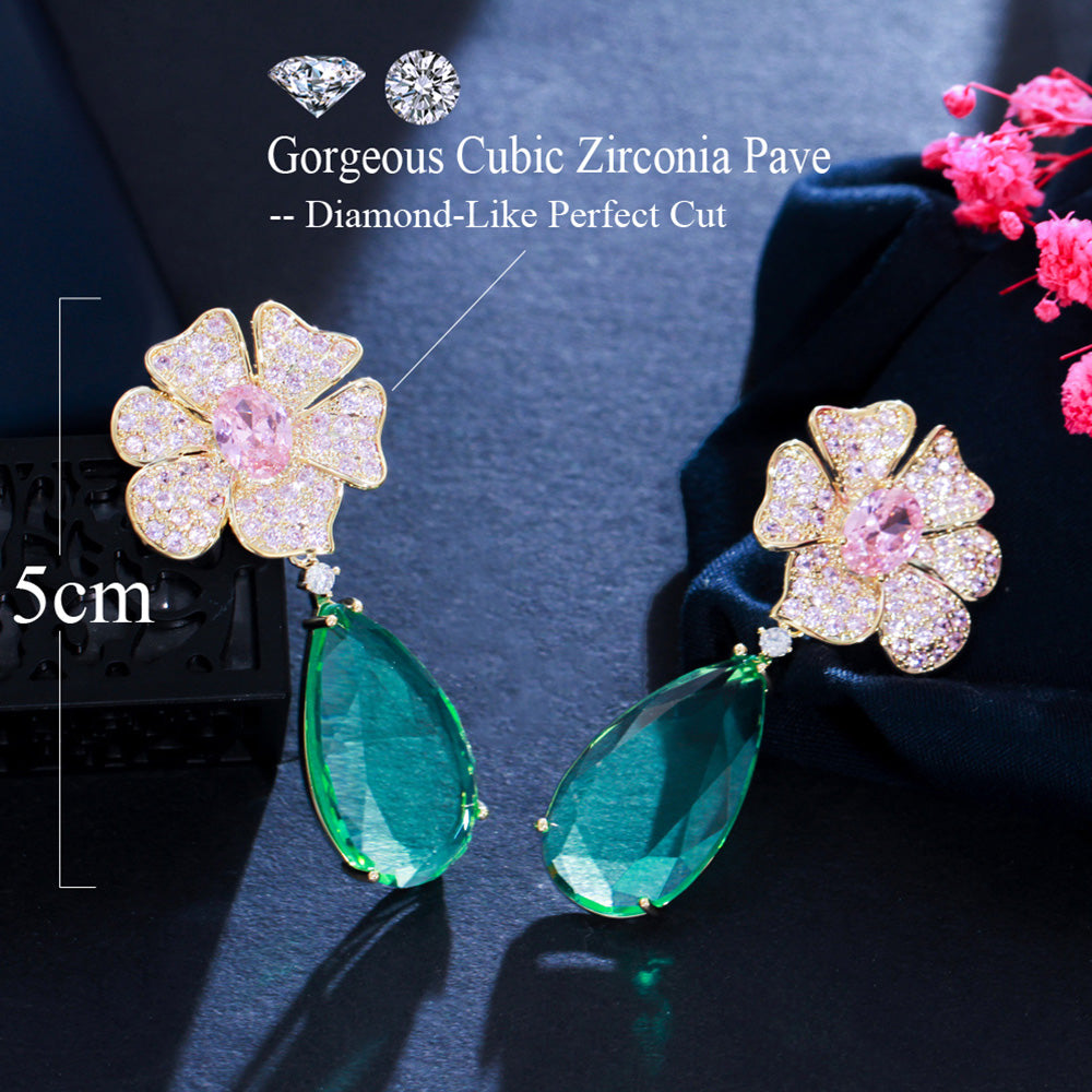 Vintage Dangle Green Teardrop Pendant Crystal Long Big Pink CZ Flower Charm Drop Earrings