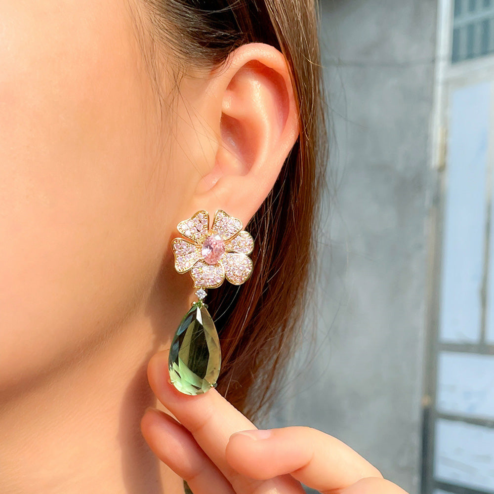 Vintage Dangle Green Teardrop Pendant Crystal Long Big Pink CZ Flower Charm Drop Earrings