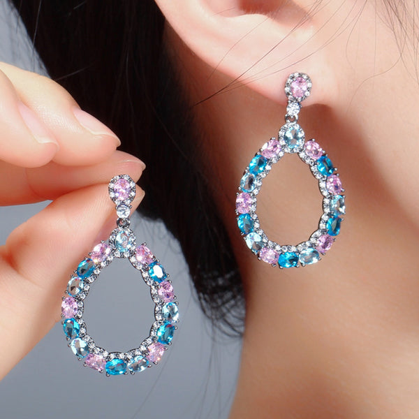 Pink Oval Cubic Zircon Crystal Black Gold Round Long Dangle Drop Earrings