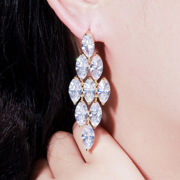Luxury Bridal Wedding Dubai Gold Marquise Shape Cubic Zirconia Big Dangle Long Earrings