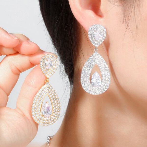 Pendientes largos colgantes con lágrima grande y engaste de circonita cúbica para novias