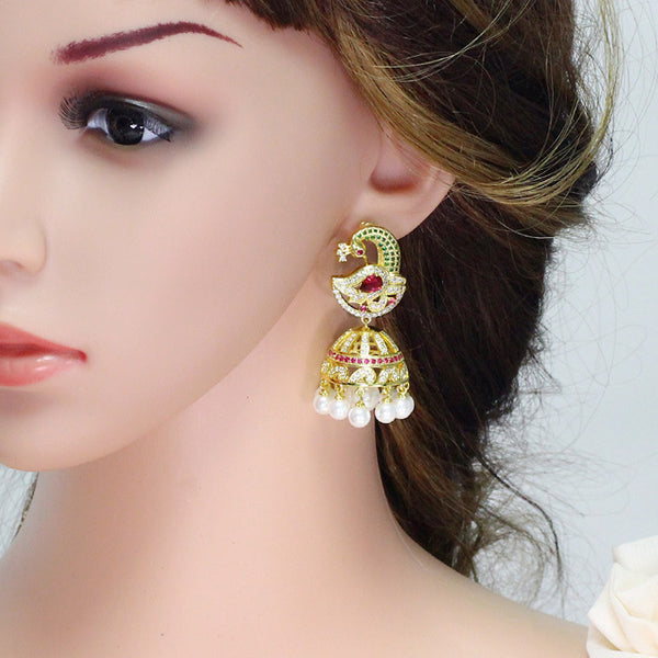 Pendientes largos colgantes vintage de oro amarillo con circonitas cúbicas grandes y forma de esqueleto