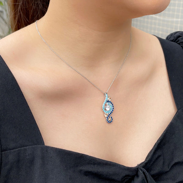 Collar largo con colgante de circonita cúbica azul y plateada de moda para mujer