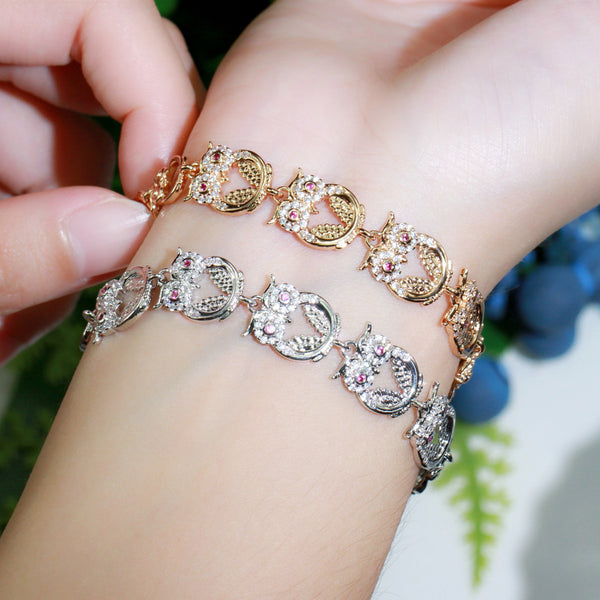 Pulseras de cadena de eslabones con forma de búho y circonitas cúbicas brillantes de moda para mujer