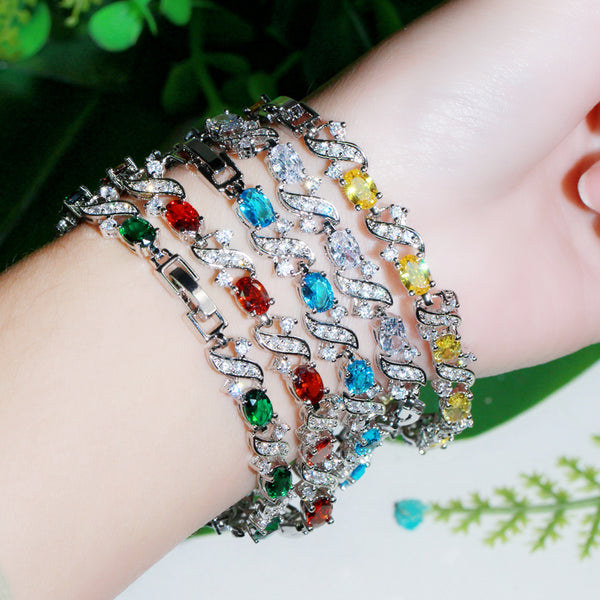 Pulseras de tenis con eslabones ovalados de circonita cúbica verde y roja natural