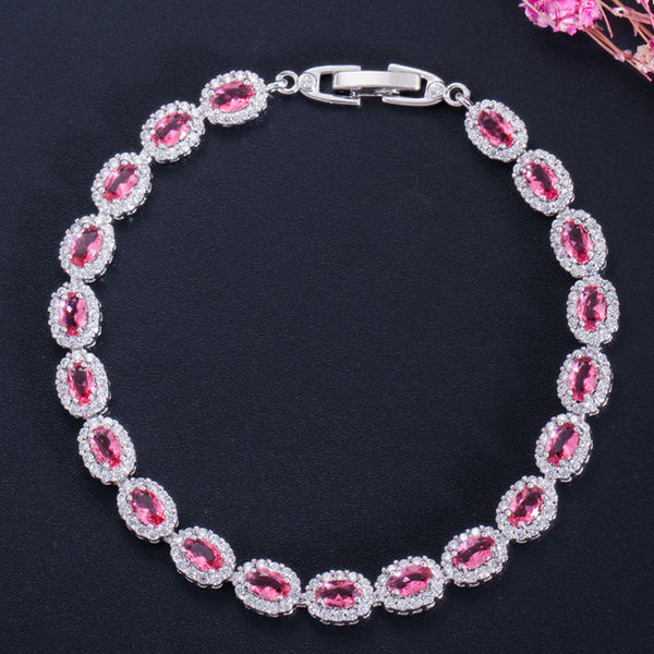 Pulseras de eslabones de cadena conectados con forma ovalada de cristal de circonita cúbica roja rosa