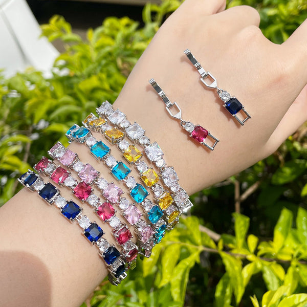 Pulsera de tenis clásica para mujer con cadena de eslabones cuadrados y circonitas rojas y azules