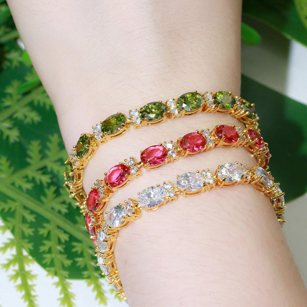 Pulseras de eslabones redondos de oro amarillo con circonita cúbica verde oliva