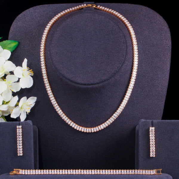 Luxury Baguette CZ Crystal Round Necklace Earrings Bracelet African Gold Jewelry Sets