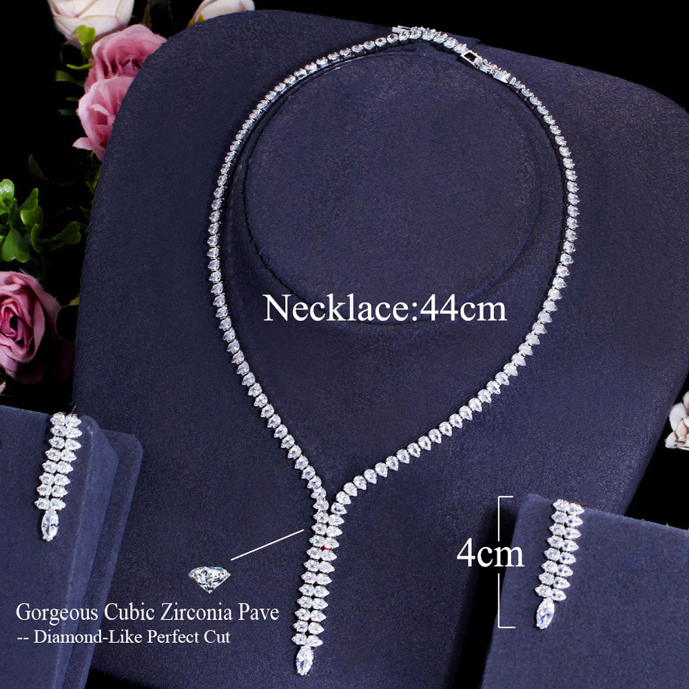 Long Double Teardrop Pendant Necklace and Earrings for Bridal Wedding Jewelry Sets