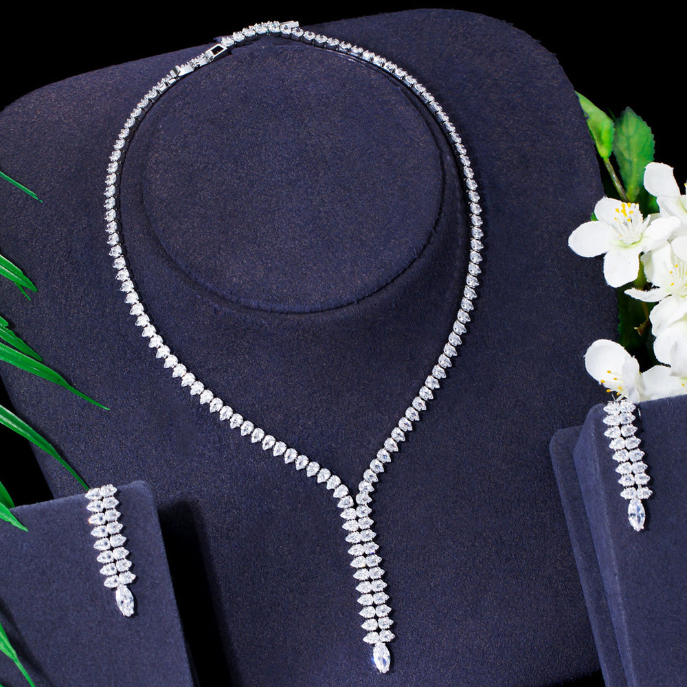 Long Double Teardrop Pendant Necklace and Earrings for Bridal Wedding Jewelry Sets