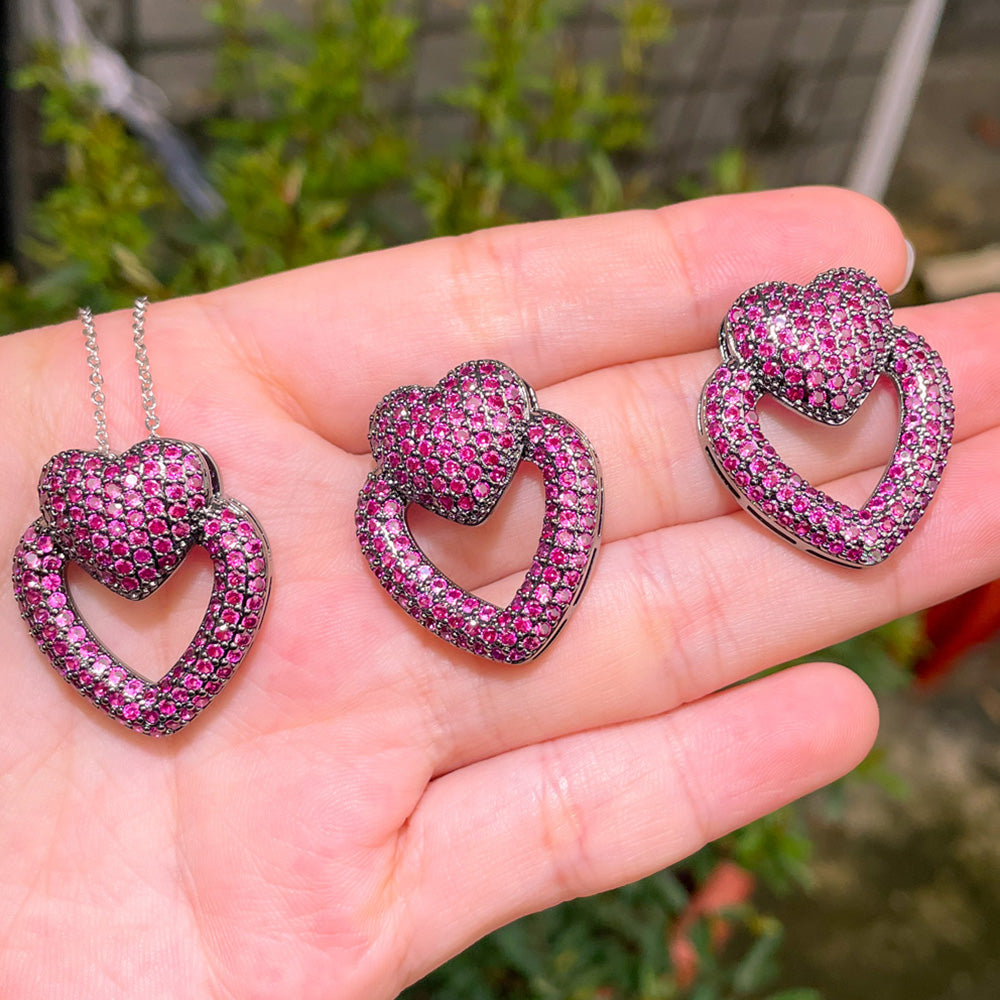 Romantic Double Love Heart Shape Fuchsia Cubic Zirconia Black Gold Earrings Necklace Jewelry Sets