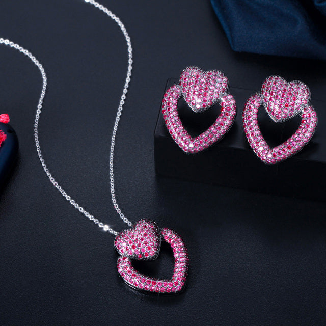 Romantic Double Love Heart Shape Fuchsia Cubic Zirconia Black Gold Earrings Necklace Jewelry Sets