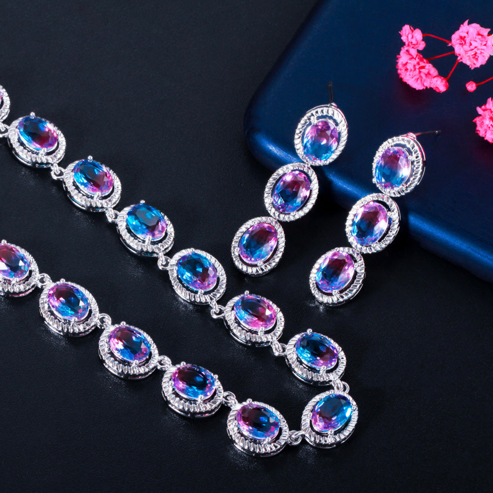 Rainbow Oval Cubic Zirconia Link Bridal Necklace and Earrings Round Chocker Jewelry Sets