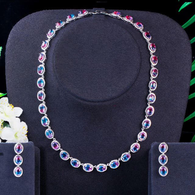 Rainbow Oval Cubic Zirconia Link Bridal Necklace and Earrings Round Chocker Jewelry Sets